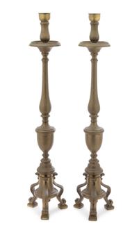 A Pair of Baroque Style Brass Pricket Sticks Height overall 37 inches. — 19TH CENTURY