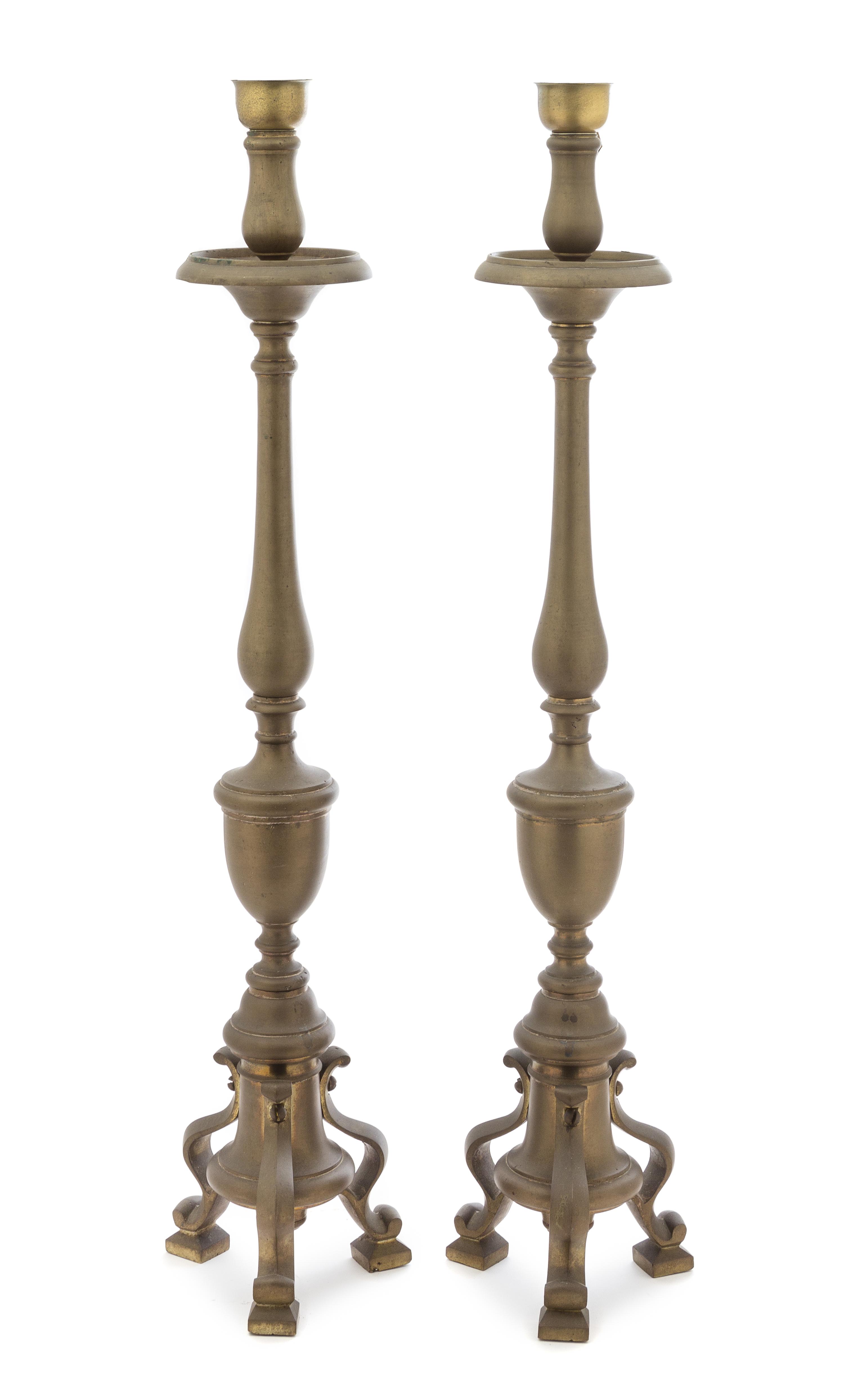 A Pair of Baroque Style Brass Pricket Sticks Height overall 37 inches. — 19TH CENTURY