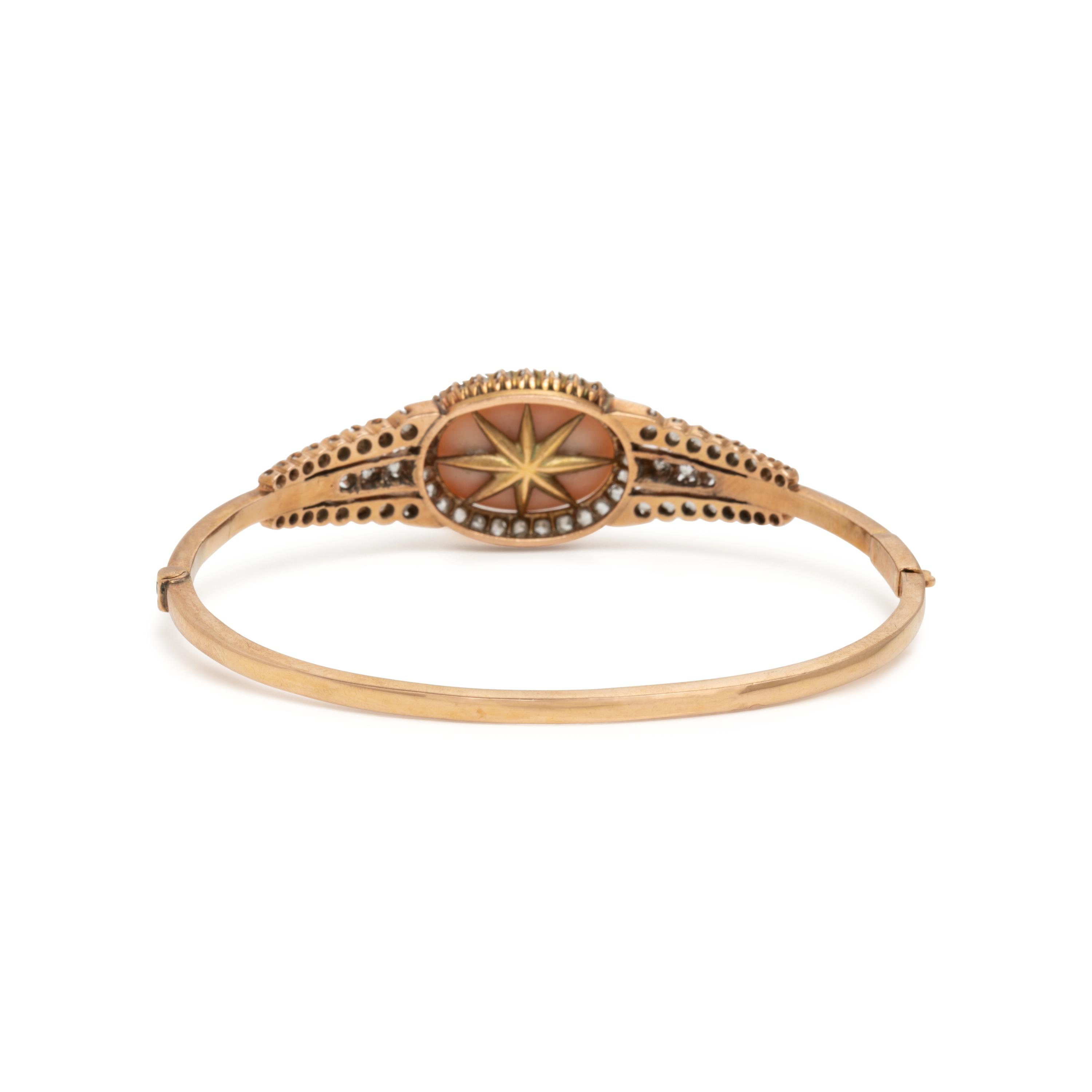 Coral, Diamond, and Yellow Gold Bangle Bracelet