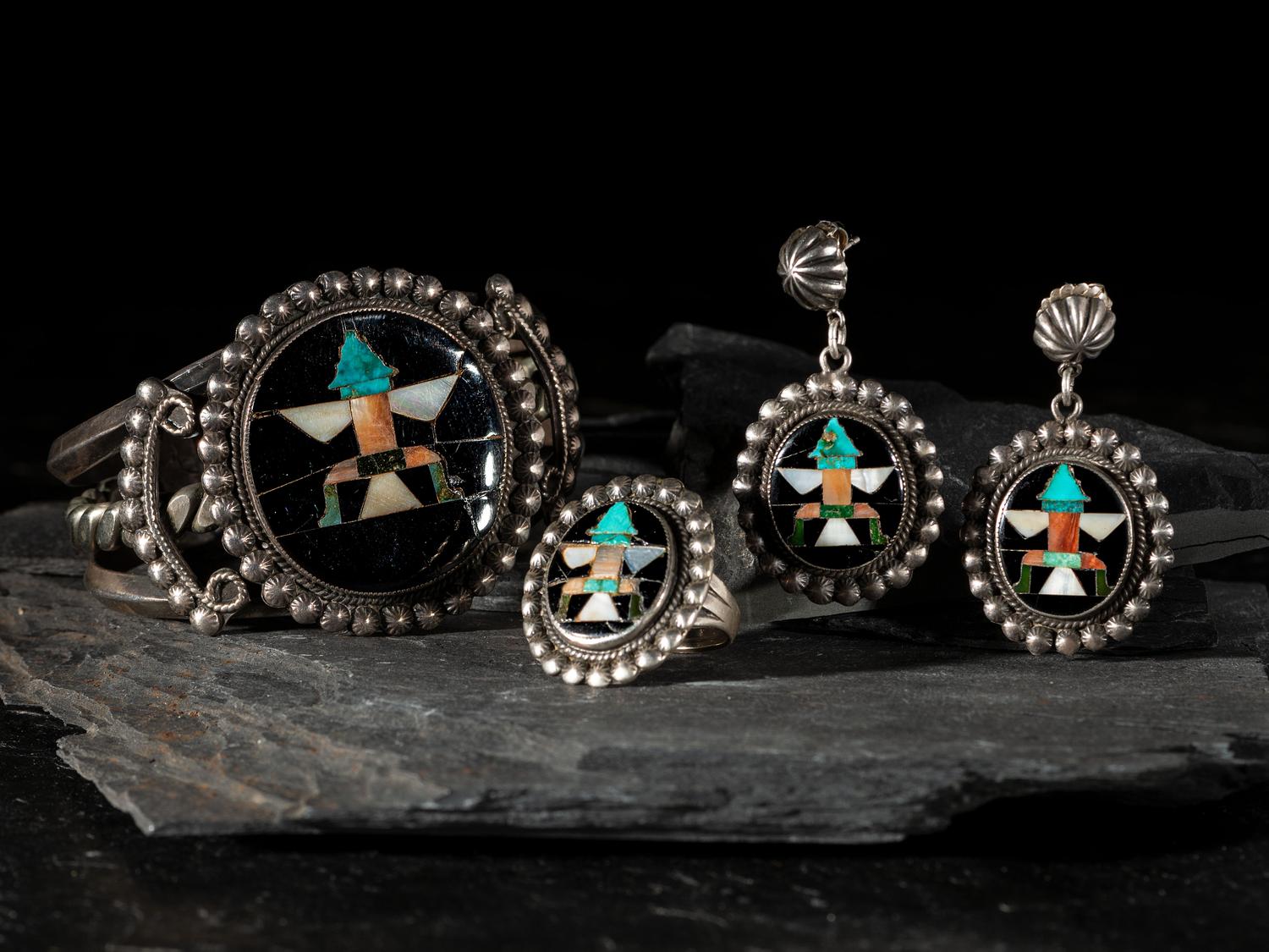 Silver and Mosaic Inlay Knifewing Cuff Bracelet, Earrings, and Ring