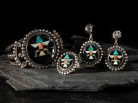 Silver and Mosaic Inlay Knifewing Cuff Bracelet, Earrings, and Ring