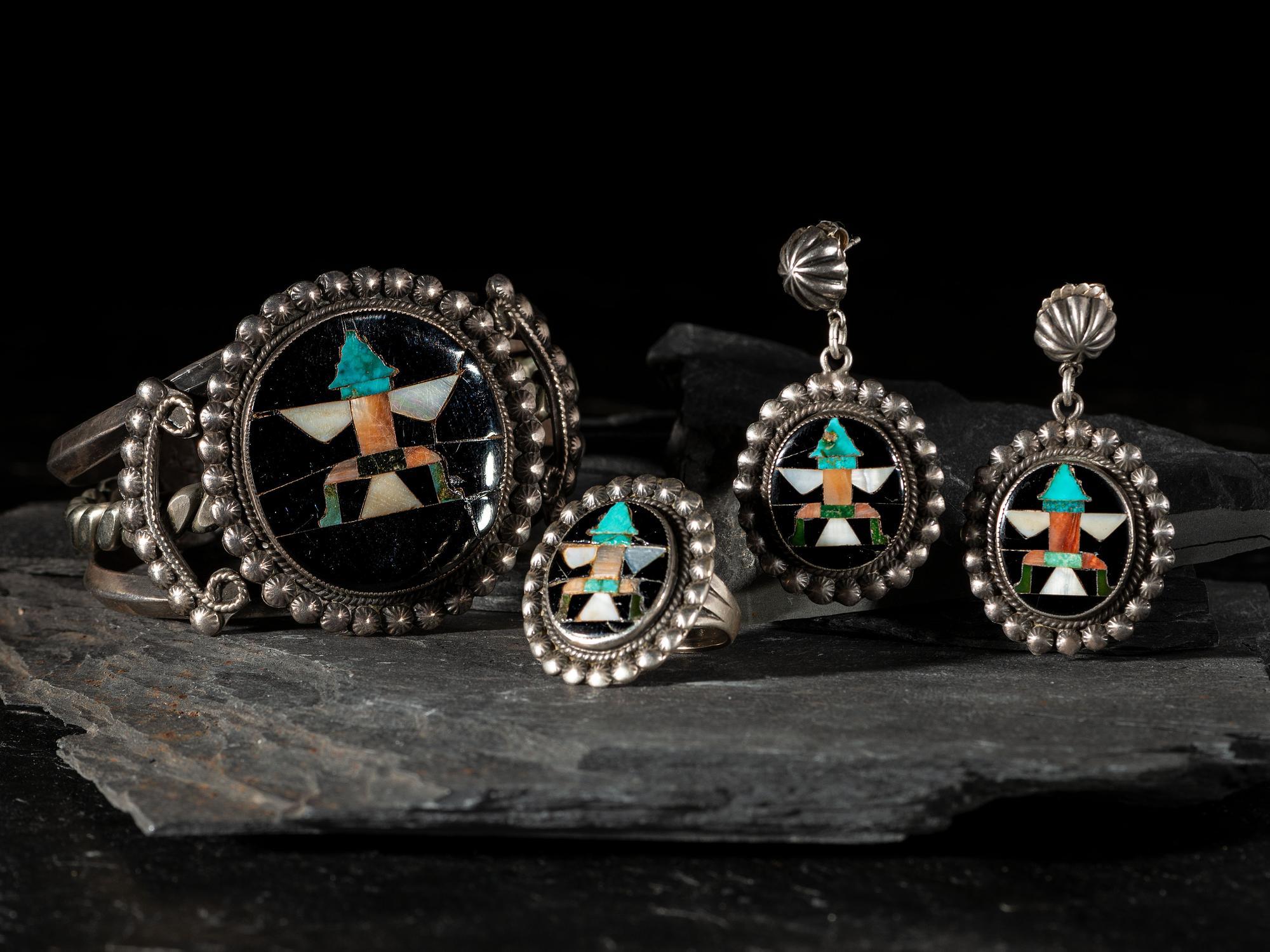 Silver and Mosaic Inlay Knifewing Cuff Bracelet, Earrings, and Ring