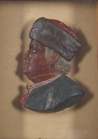 American School 19th Century, A Colored Wax Profile Portrait Bust of Benjamin Franklin with Fur Hat