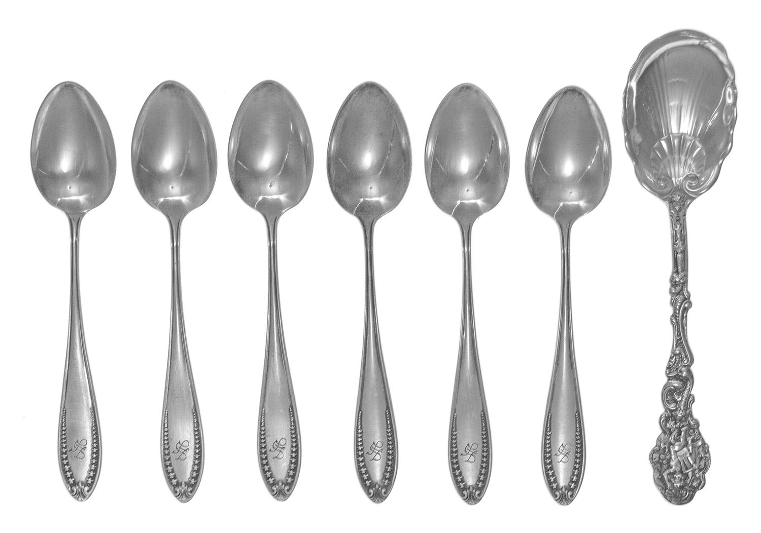 An American Silver Sugar Spoon and Six Teaspoons, , comprising a sugar spoon, Gorham Mfg. Co., Providence, RI, and a set of six teaspoo