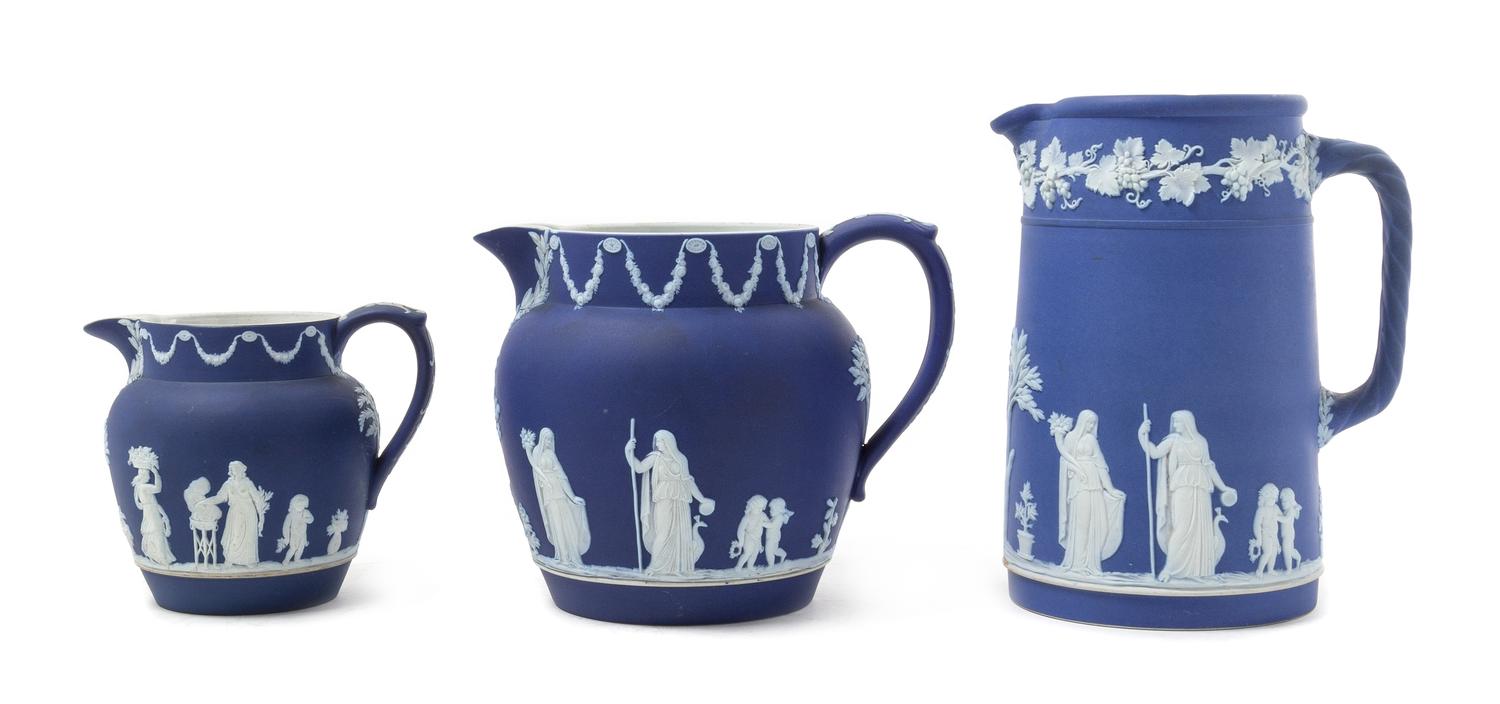 Three Wedgwood Jasperware Pitchers Height of tallest 7 1/2 inches. — 19TH/20TH CENTURY