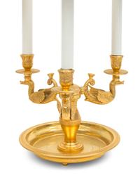 A Trio of French Empire Style Gilt Bronze Bouillotte Lamps with Tole Painted Shades