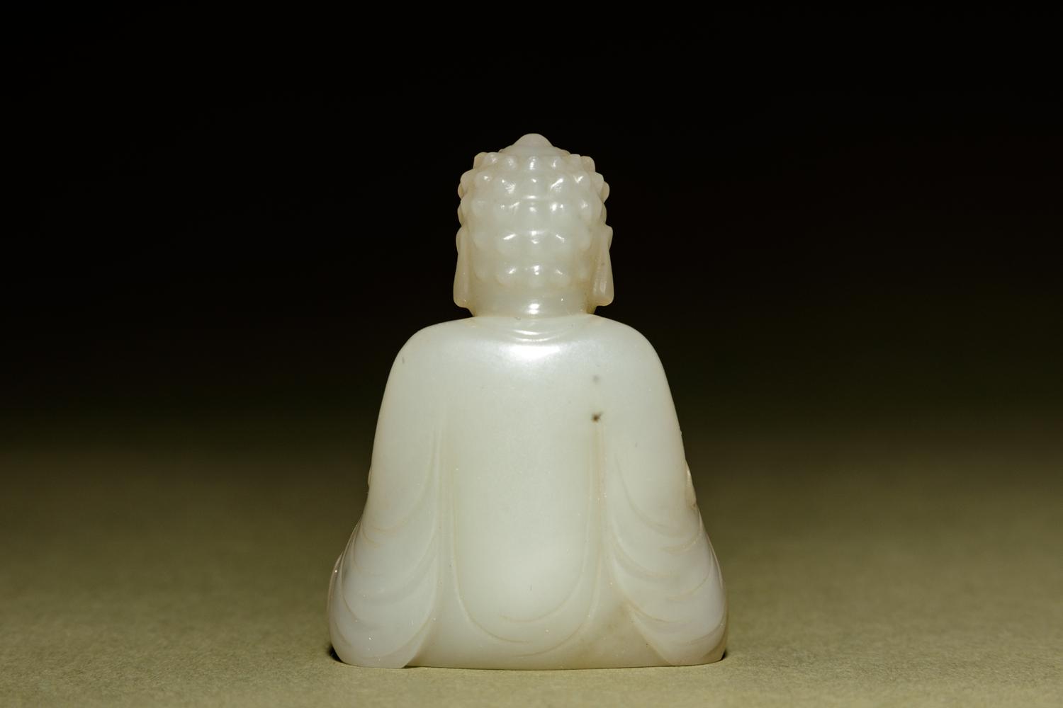 A White Jade Figure of Buddha with a Small Bronze Shrine