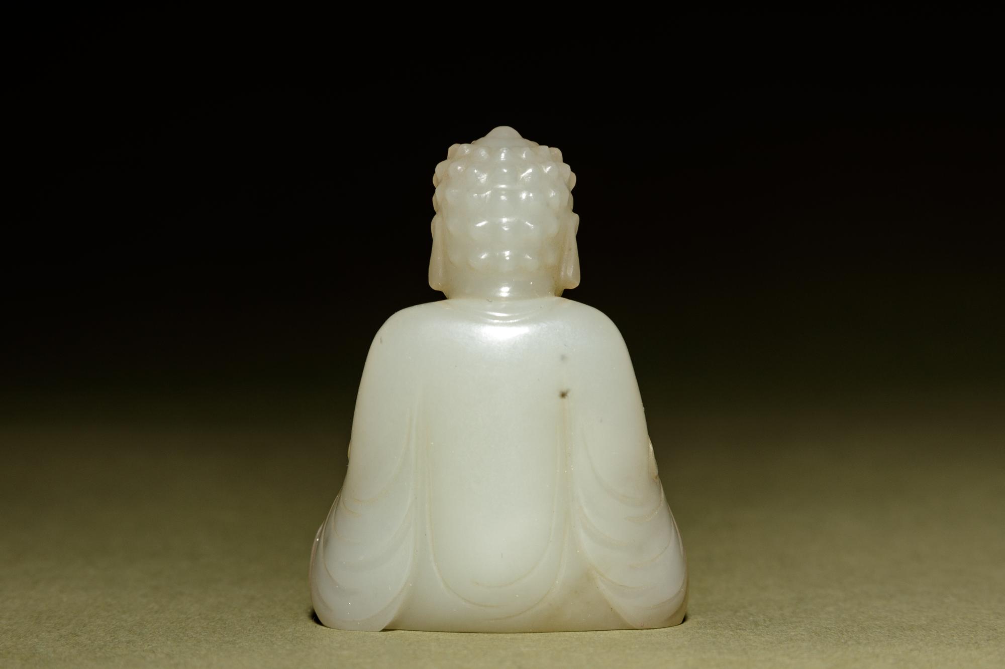 A White Jade Figure of Buddha with a Small Bronze Shrine
