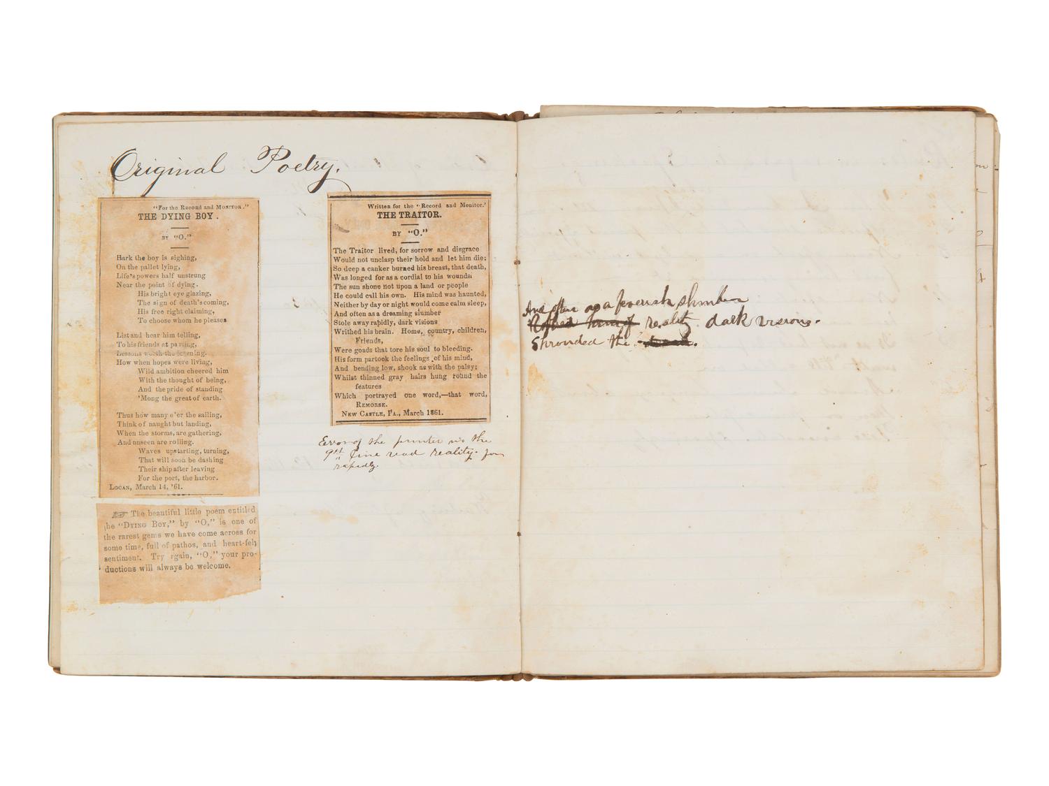 JACKSON, Col. Oscar L. (1840-1920). Five journals, incl. descriptions of Oscar L. Jackson's political activism during the 1860 campaign and his service with 63rd OVI, with campaign broadside noting Jackson as a speaker.