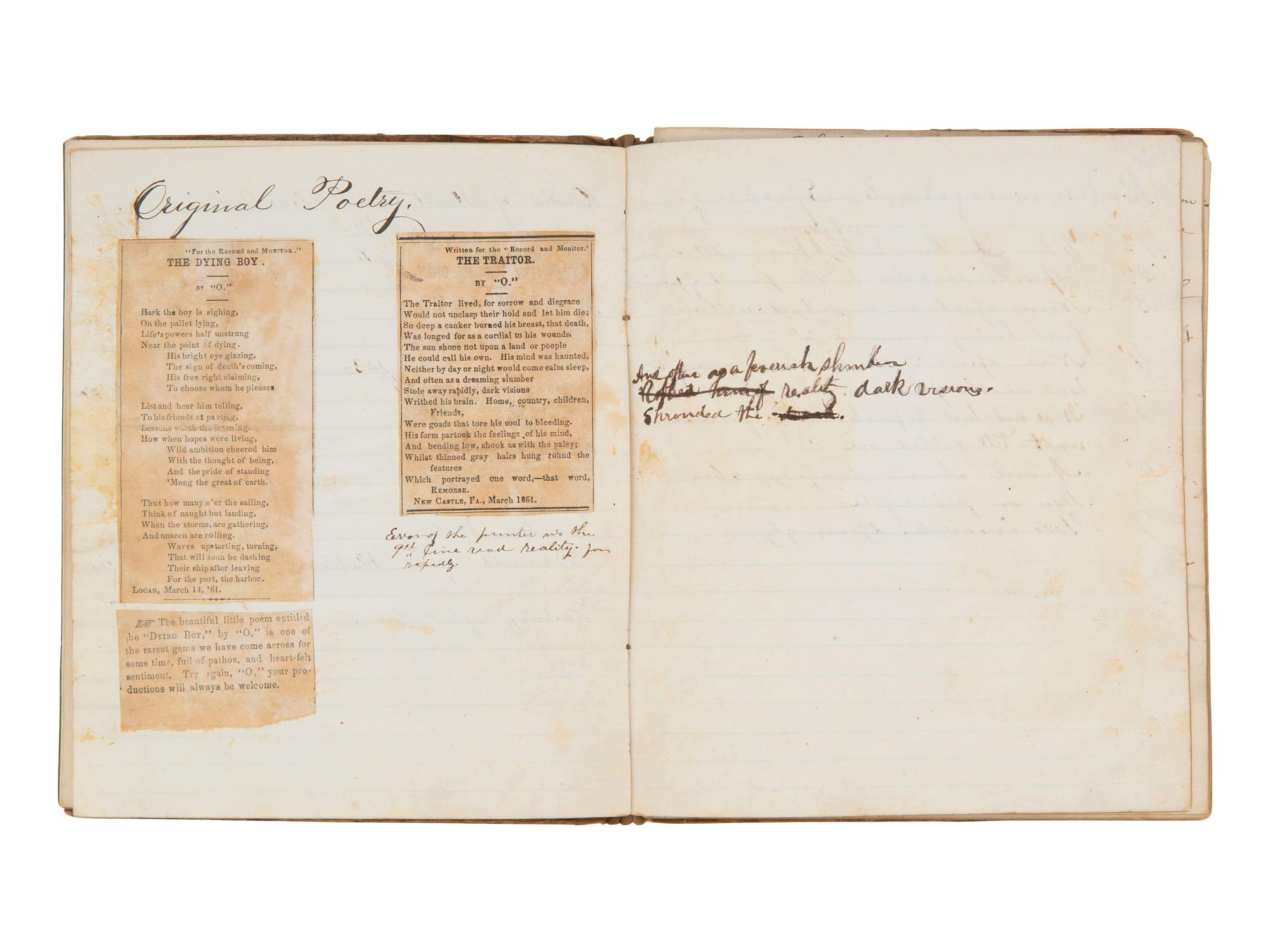 JACKSON, Col. Oscar L. (1840-1920). Five journals, incl. descriptions of Oscar L. Jackson's political activism during the 1860 campaign and his service with 63rd OVI, with campaign broadside noting Jackson as a speaker.