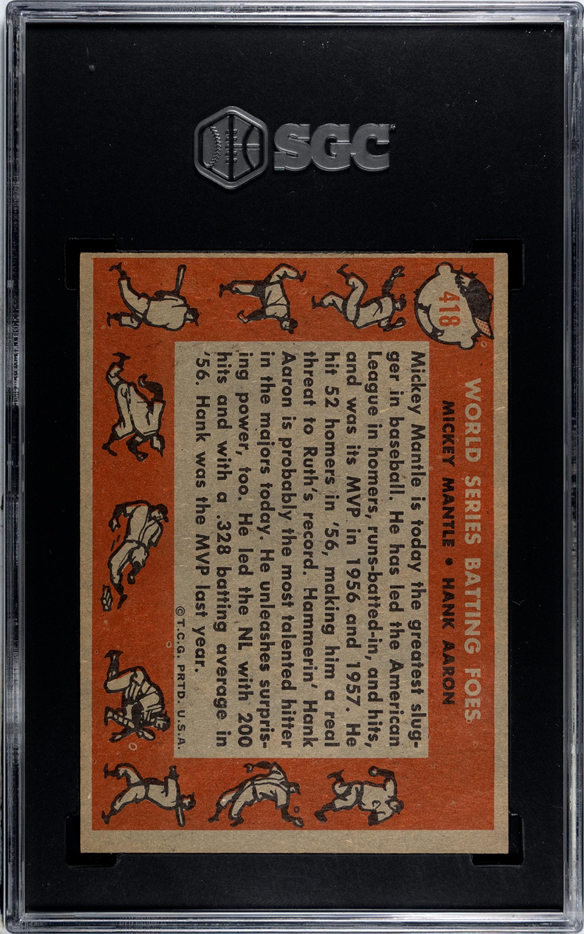 A 1958 Topps Mickey Mantle and Hank Aaron World Series Batting Foes Baseball Card No. 418 (SGC 6 EX/NM)