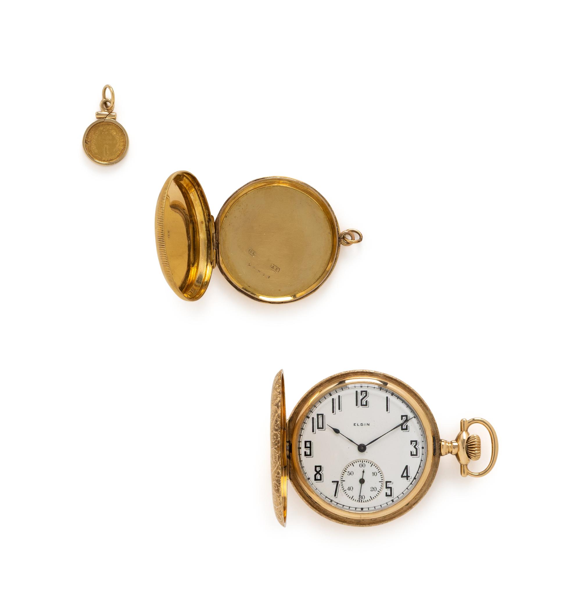 COLLECTION OF YELLOW GOLD JEWELRY AND A POCKET WATCH
