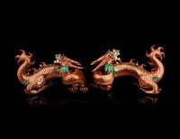 A Pair of Chinese Coral-Ground Gilt and Green Enameled Porcelain Dragons