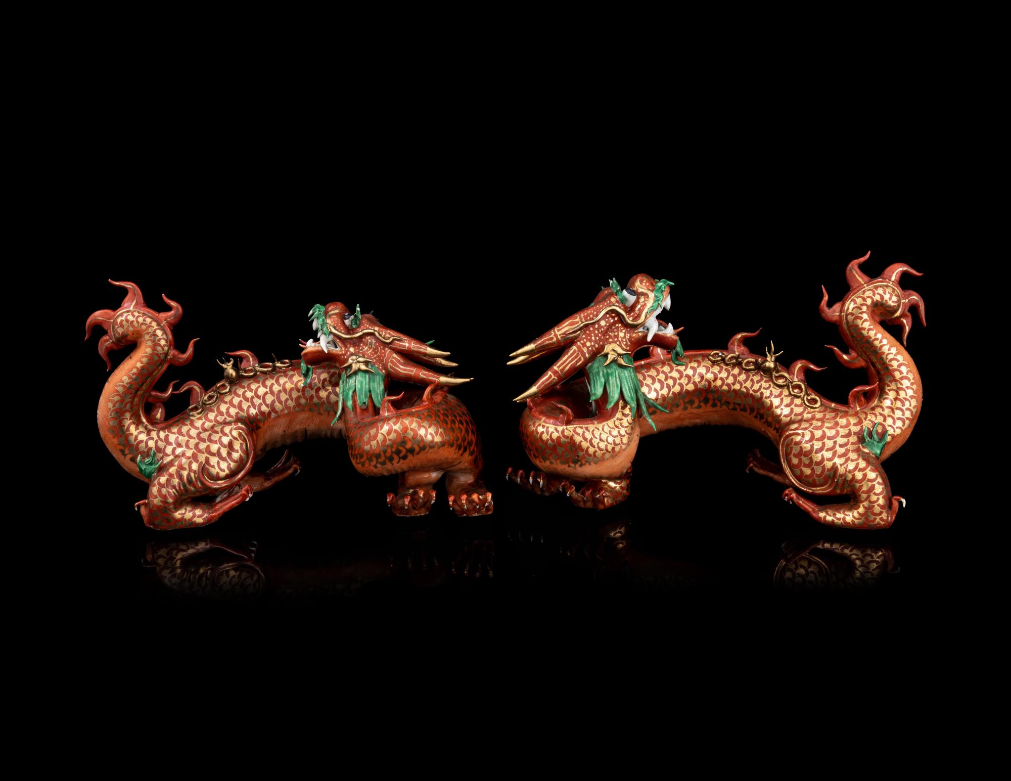 A Pair of Chinese Coral-Ground Gilt and Green Enameled Porcelain Dragons