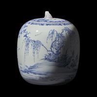 A Japanese Hirado Blue and White 'Birds and Insects' Water Jar and Cover, Mizusashi , Meiji Period