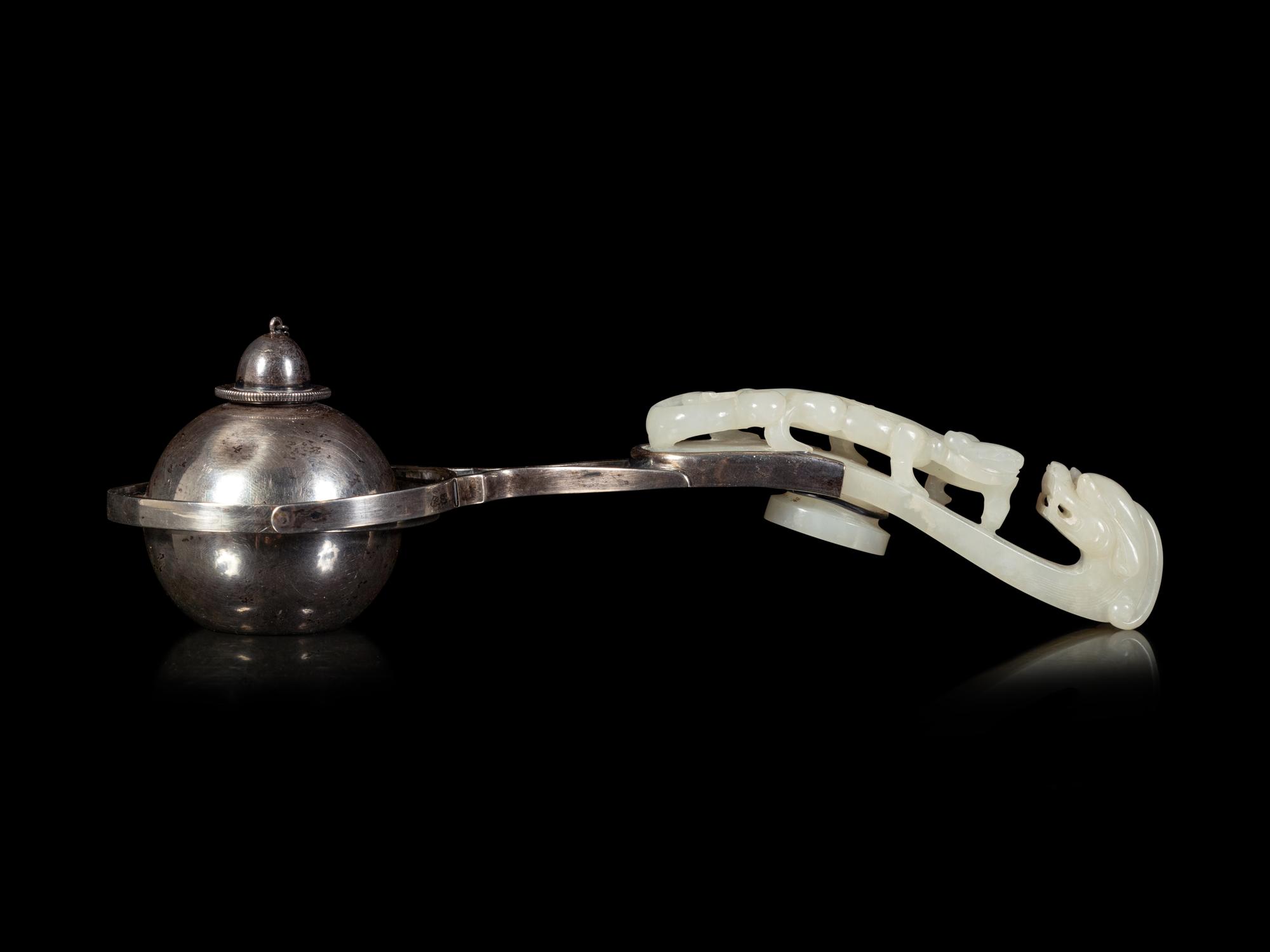 A White Jade Mounted Silver Gimbal Cigar Lighter