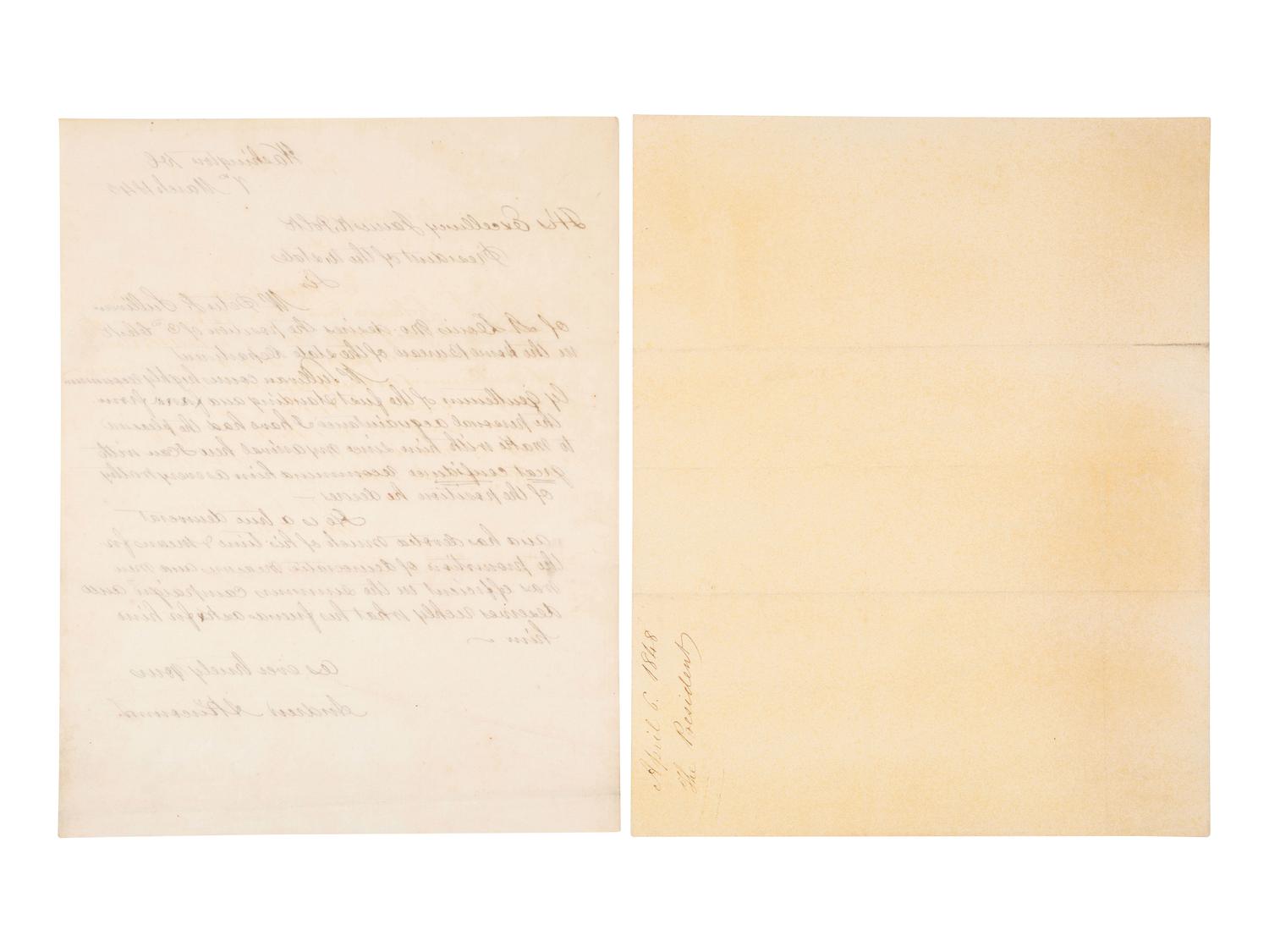 POLK, James K. (1795-1849. Autograph letter signed ("James K. Polk"), as President, to Senator Lewis Cass. 6 April 1848.