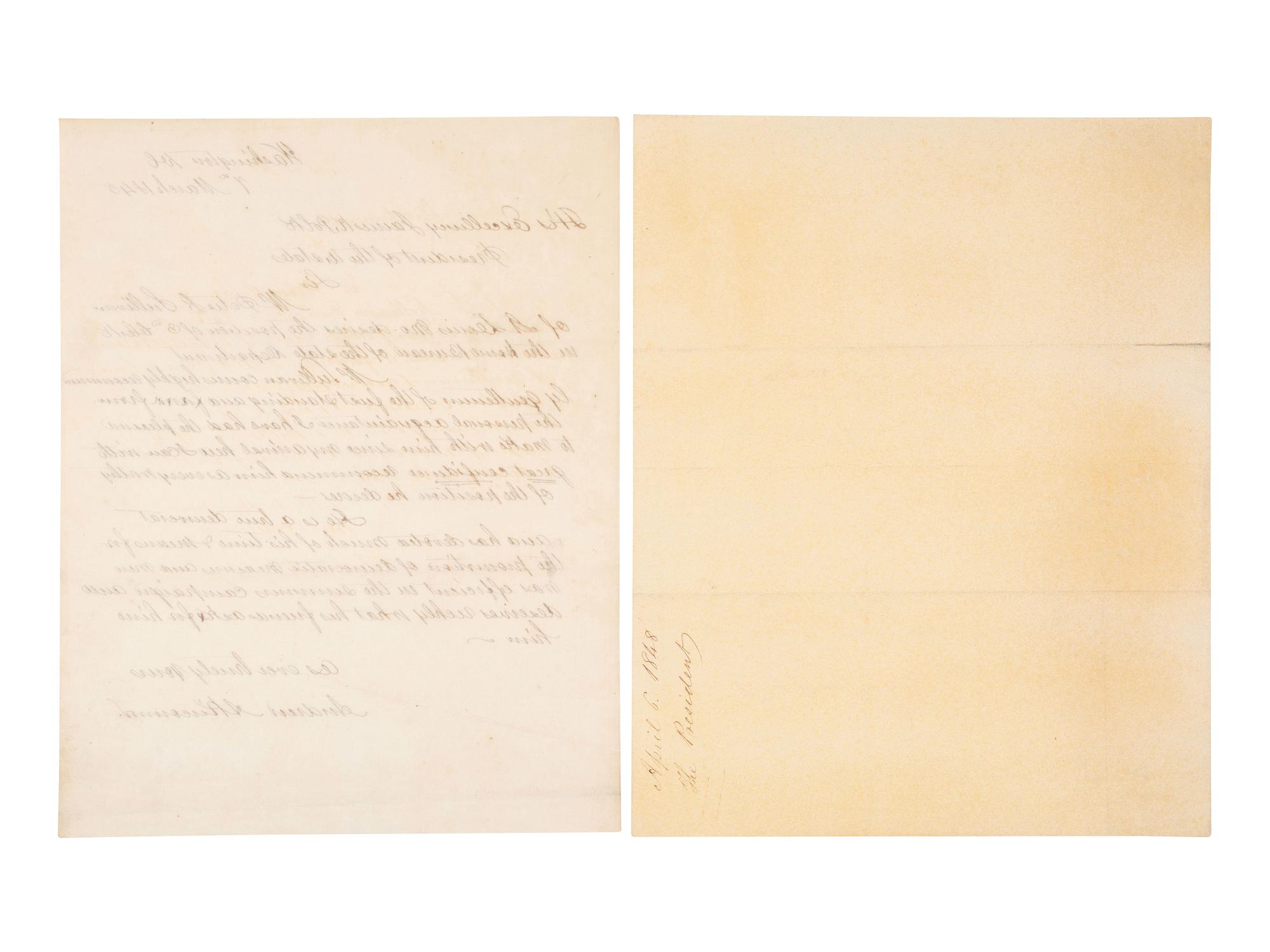 POLK, James K. (1795-1849. Autograph letter signed ("James K. Polk"), as President, to Senator Lewis Cass. 6 April 1848.