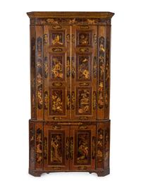 A George II Chinoiserie on Faux Tortoiseshell Decorated Corner Cabinet — 18TH/19TH CENTURY