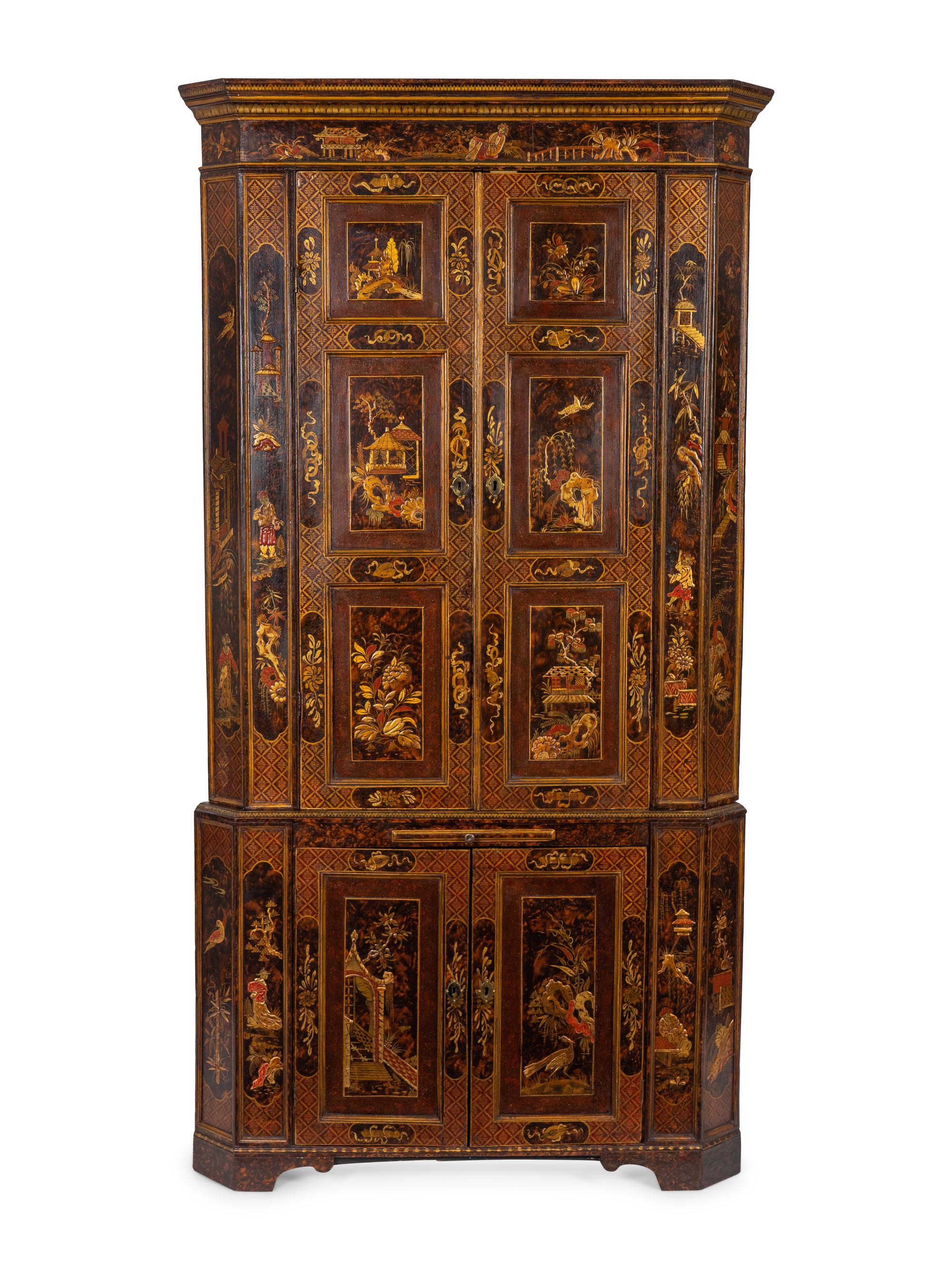A George II Chinoiserie on Faux Tortoiseshell Decorated Corner Cabinet — 18TH/19TH CENTURY