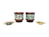 A Pair of Majolica Cache Pots and Two Majolica Leaf-Form Dishes