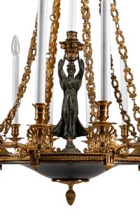 An Empire Style Gilt Bronze and Tole Sixteen-Light Chandelier
