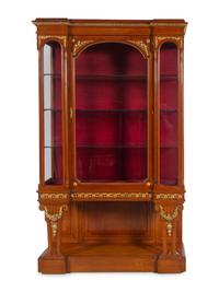 A Pair of Louis XVI Style Gilt Bronze and Metal Mounted Walnut Vitrine Cabinets