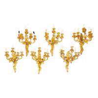 A Set of Six Louis XV Style Gilt Bronze Five-Light Sconces
