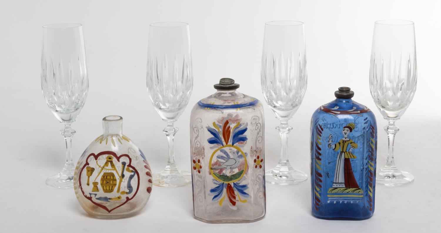 Three Continental Enamel Glass Bottles Height of champagne flute 7 7/8 inches.