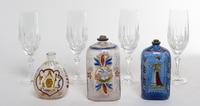 Three Continental Enamel Glass Bottles Height of champagne flute 7 7/8 inches.