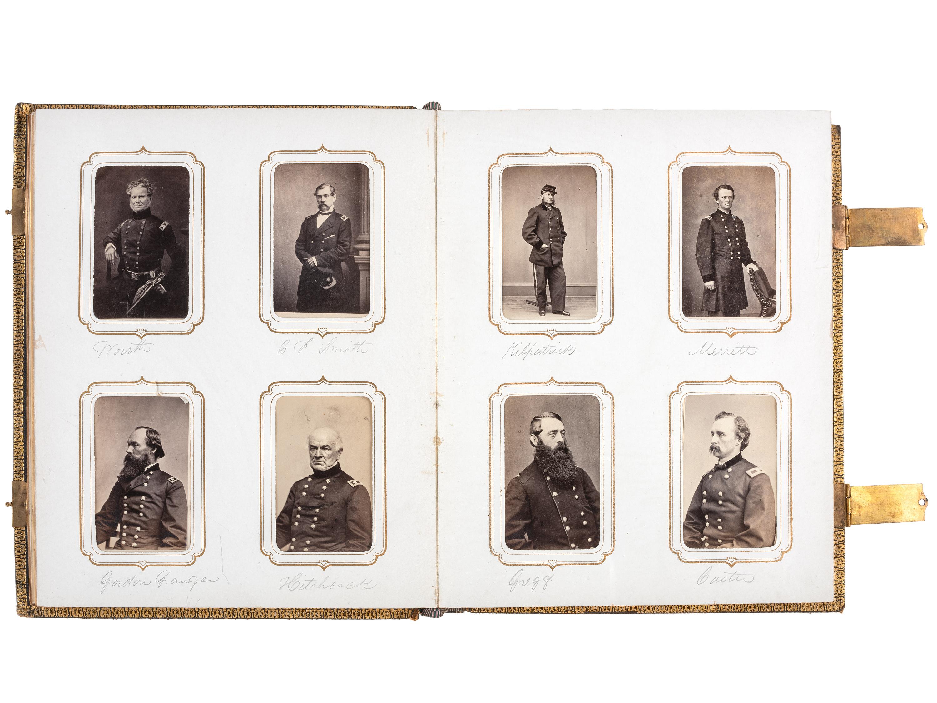 [CIVIL WAR]. BRADY, Mathew, photographer. Exceptional album containing 120 CDVs of Union generals and officers, incl. Joshua Chamberlain and George A. Custer. New York, NY: E. & H.T. Anthony, 1860s.