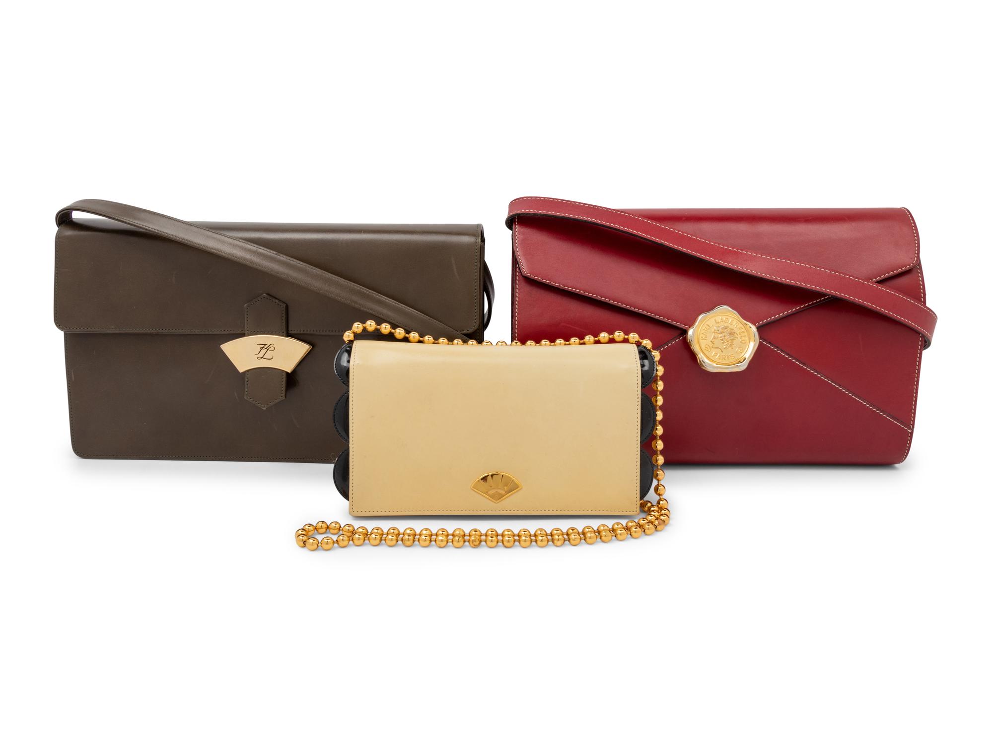 Five Karl Lagerfeld Items: Three Handbags, Two Scarves, 1980-90s