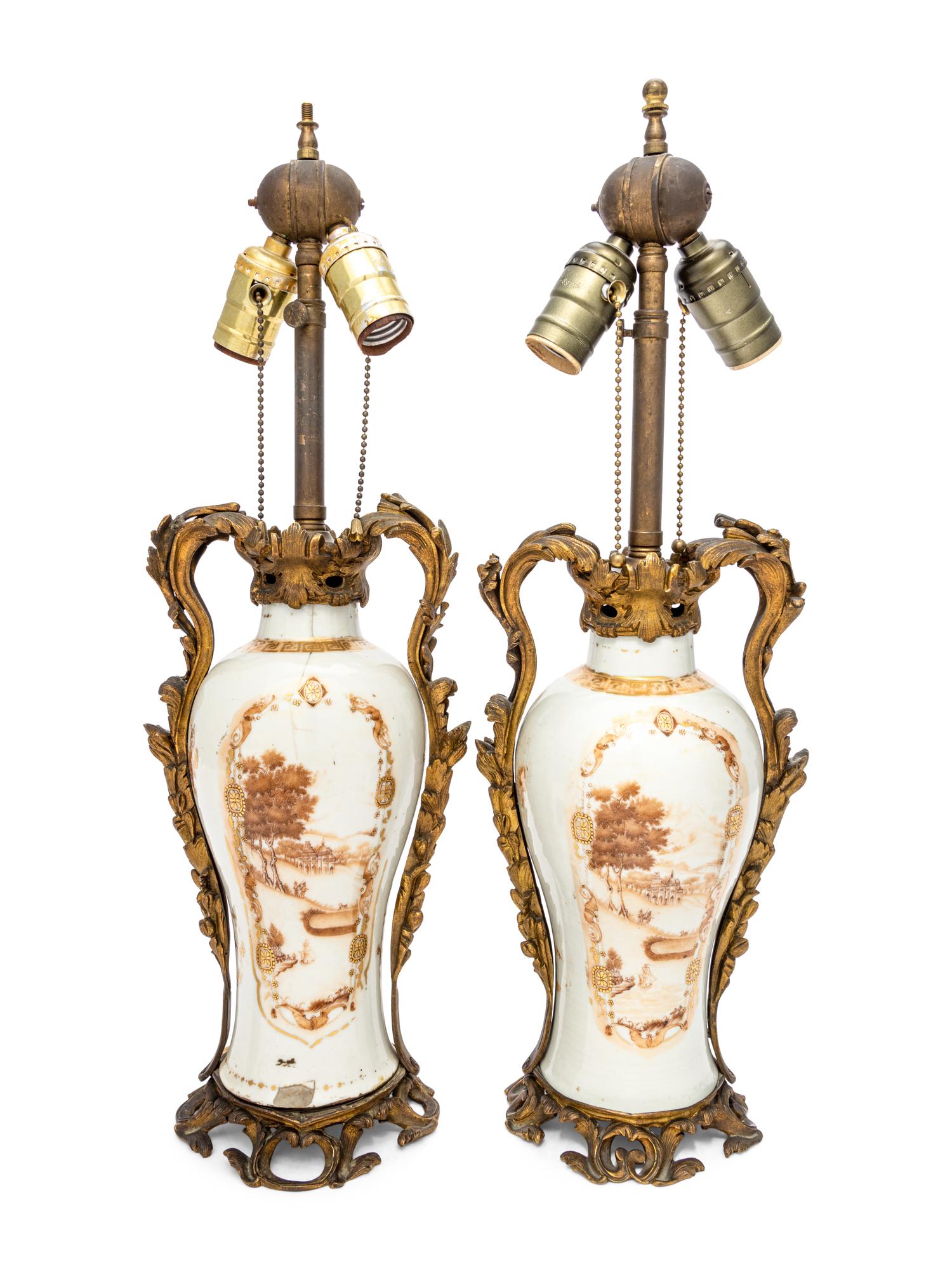 A Pair of Chinese Export Porcelain Vases Mounted as Lamps
