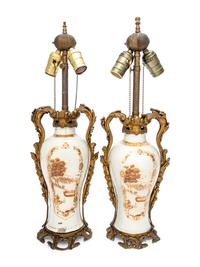 A Pair of Chinese Export Porcelain Vases Mounted as Lamps