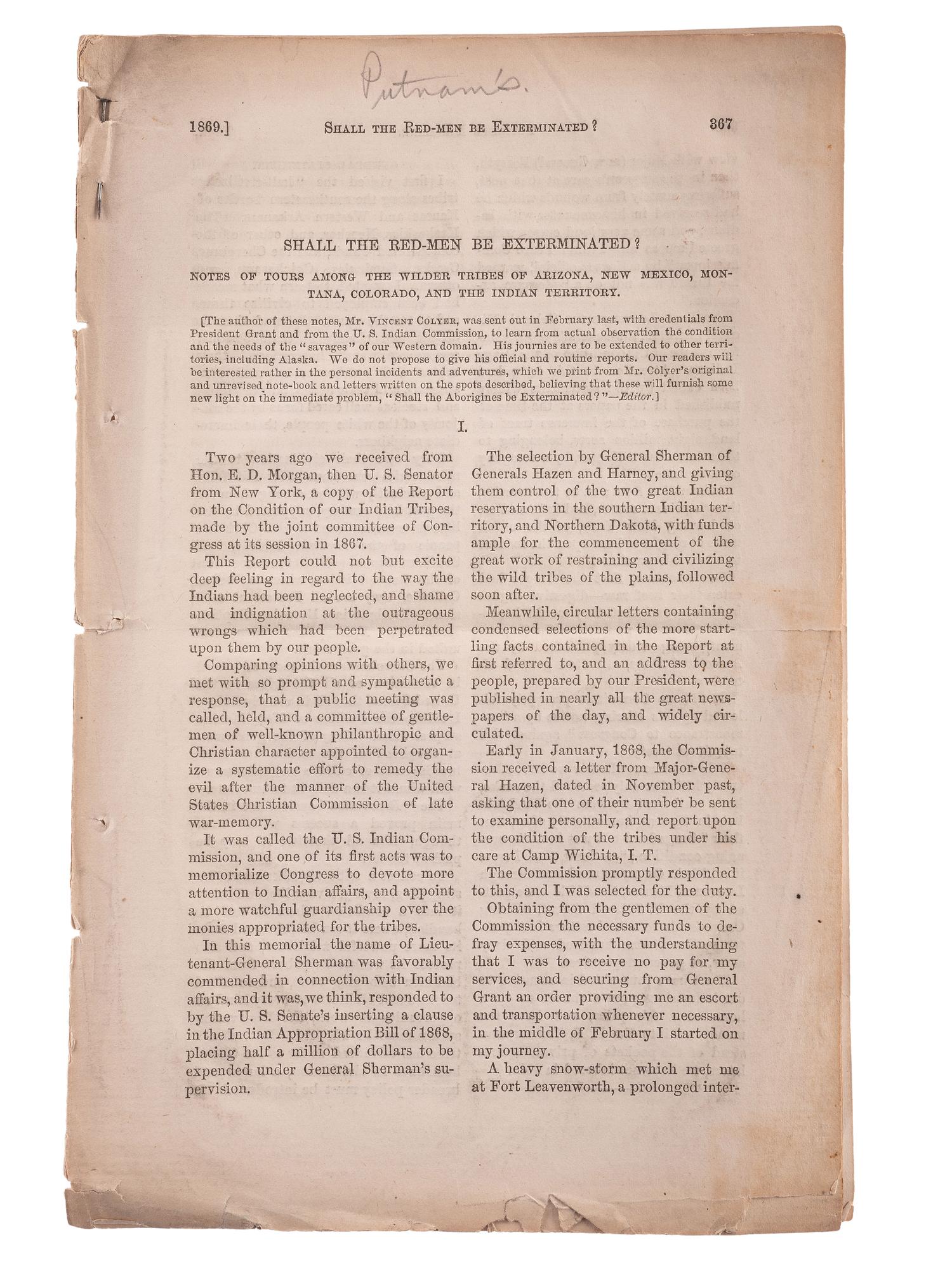 [INDIAN AFFAIRS] -- [COLYER, Vincent (1824-1888)]. Late nineteenth-century print ephemera advocating for the welfare of Native Americans, comprising: