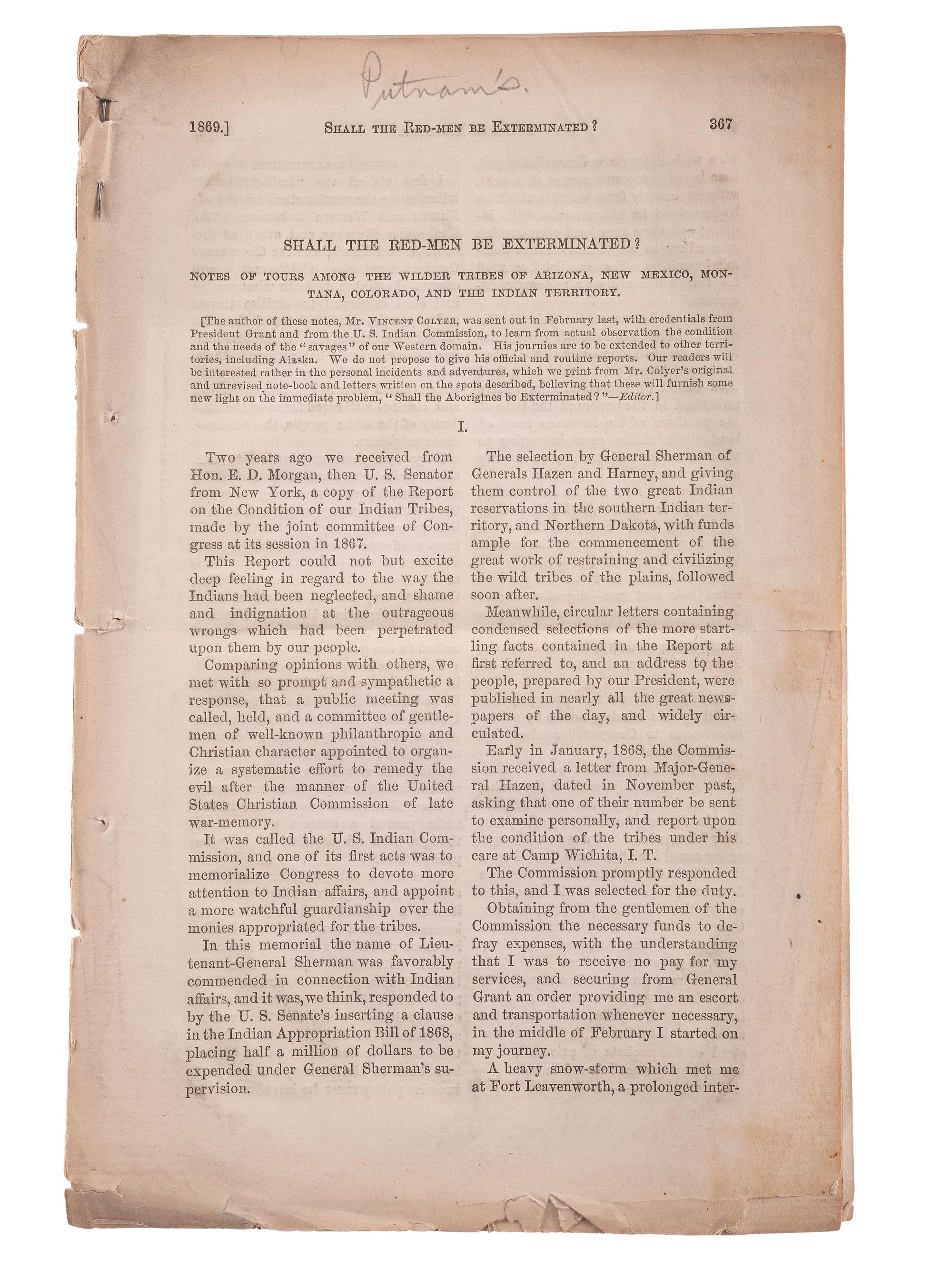[INDIAN AFFAIRS] -- [COLYER, Vincent (1824-1888)]. Late nineteenth-century print ephemera advocating for the welfare of Native Americans, comprising: