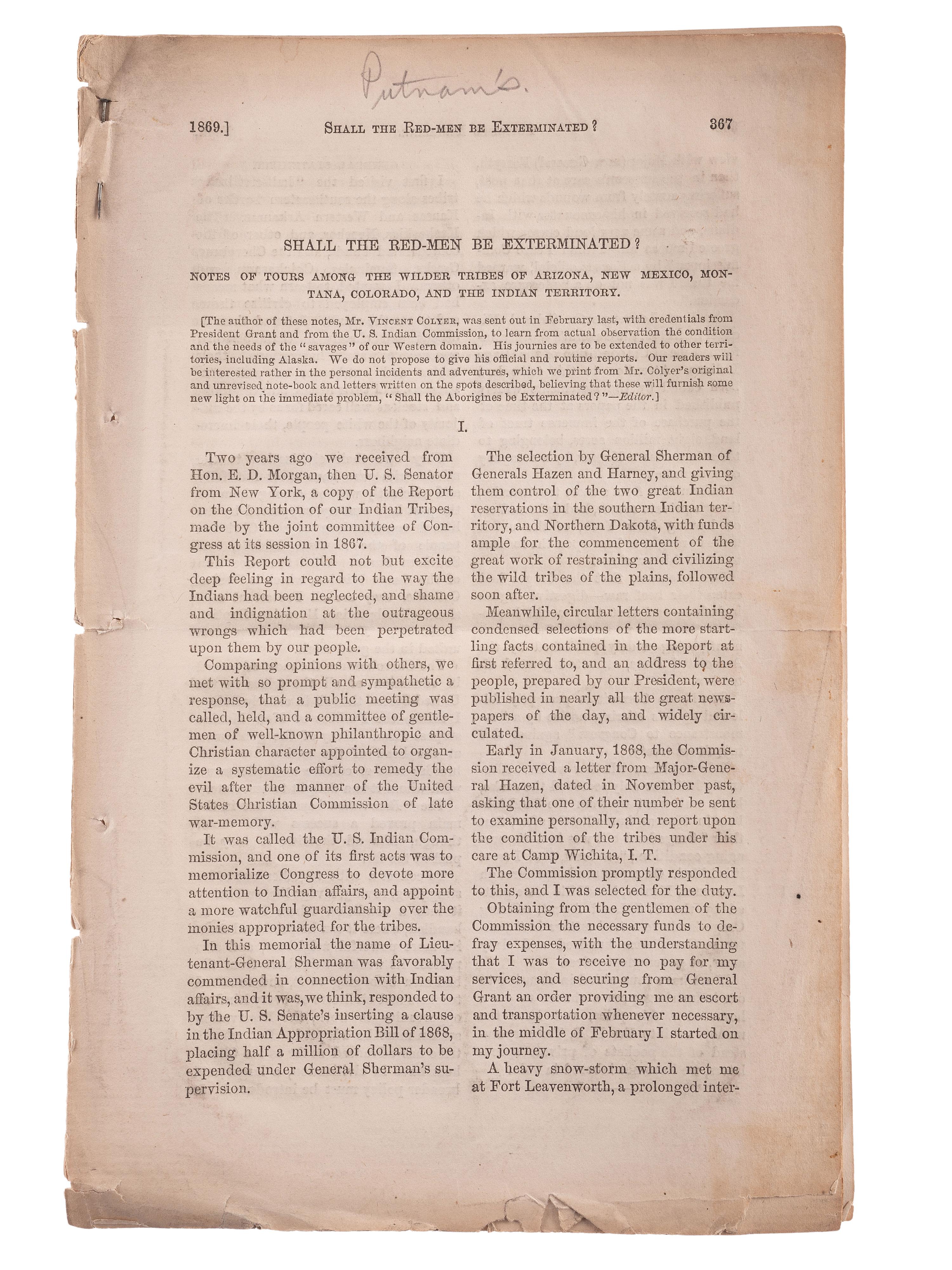 [INDIAN AFFAIRS] -- [COLYER, Vincent (1824-1888)]. Late nineteenth-century print ephemera advocating for the welfare of Native Americans, comprising: