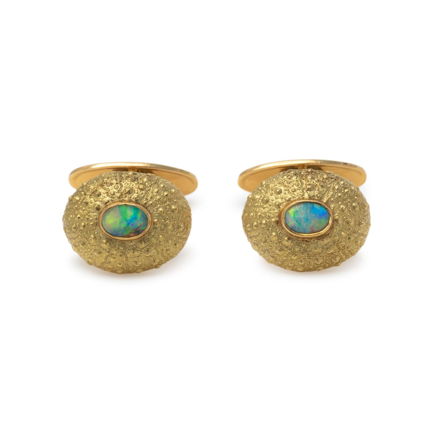 TONY WHITE, YELLOW GOLD AND OPAL CUFFLINKS