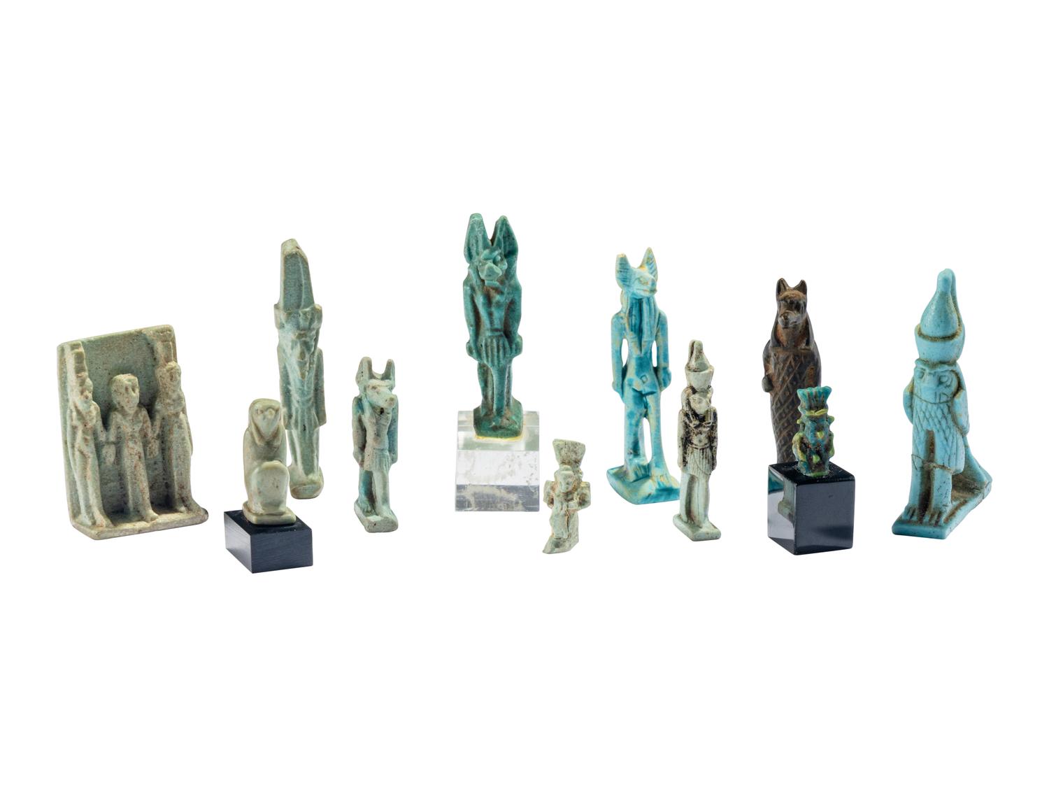 11 Egyptian Faience and Bronze Deity Amulets