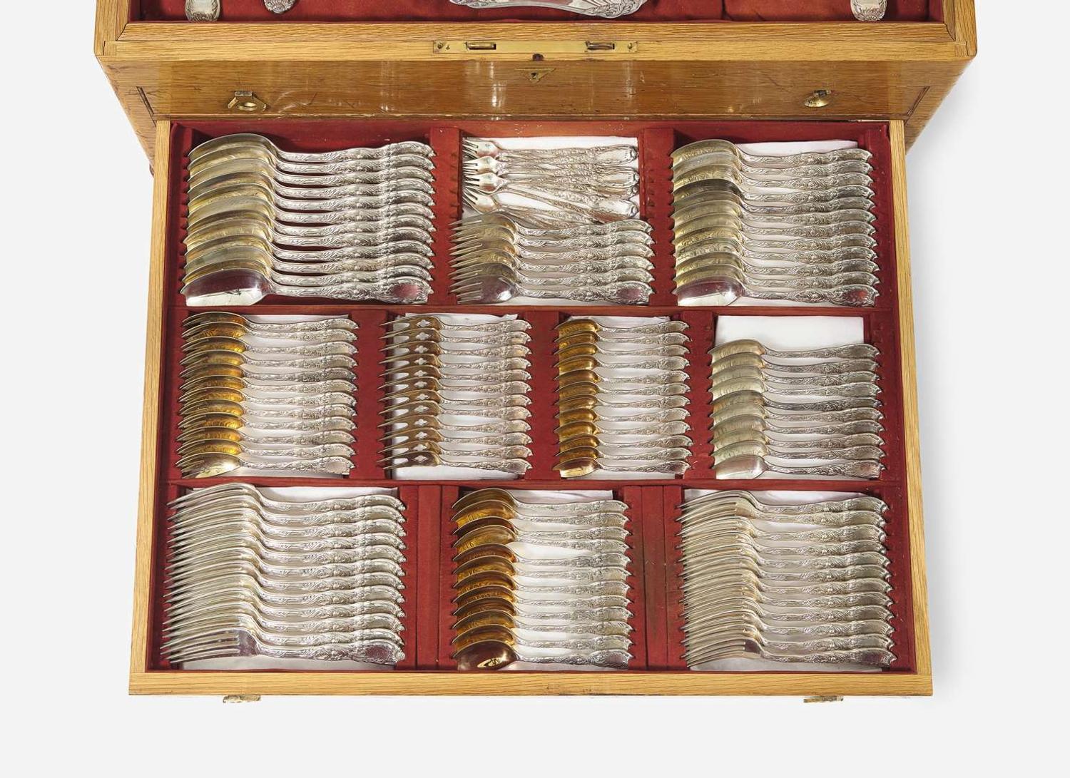 An extensive sterling silver flatware service for twelve in the "Indian Chrysanthemum" pattern, designed by Charles T. Grosjean, Tiffany & Co., New York, NY, circa 1880-1891