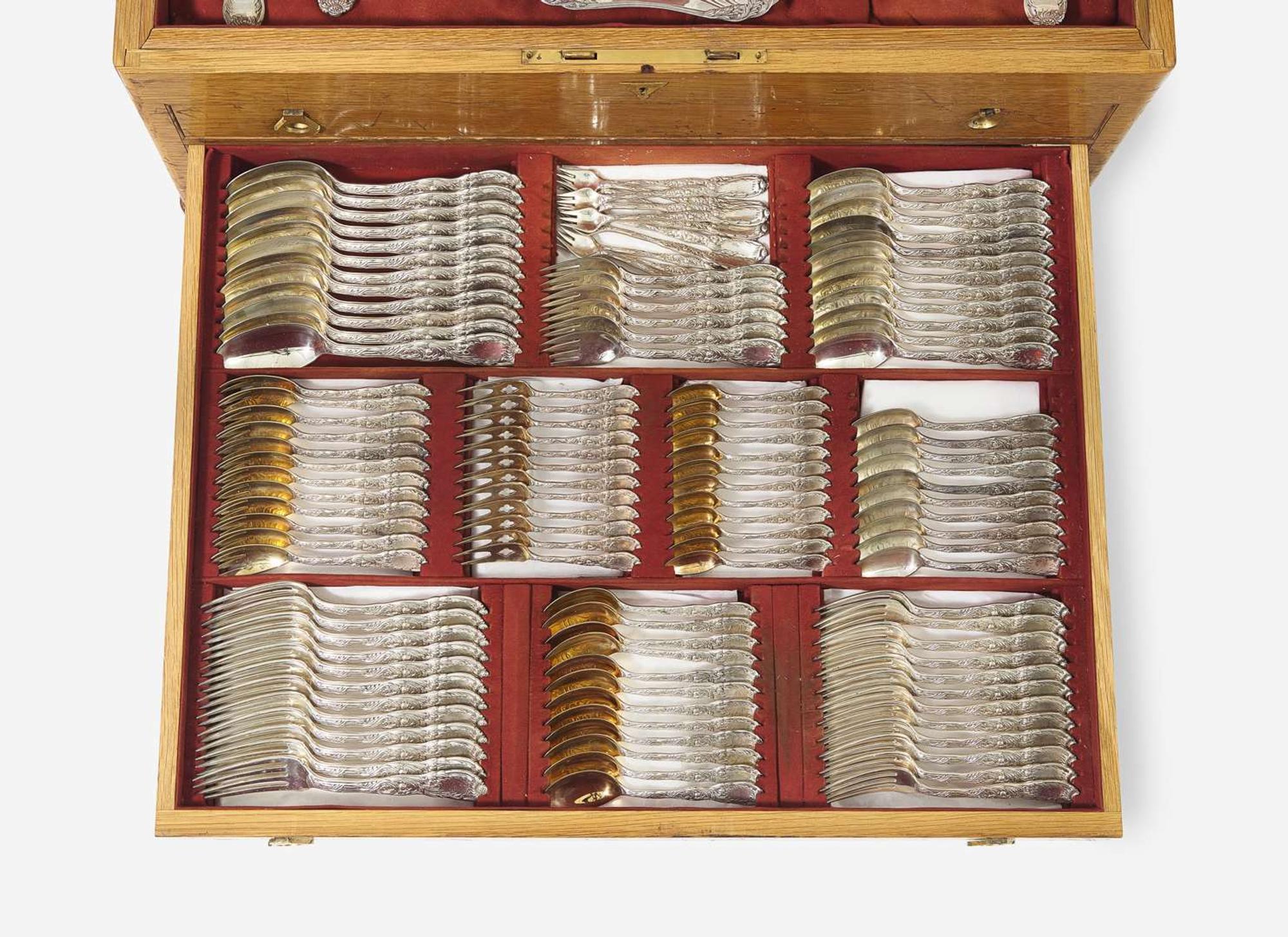 An extensive sterling silver flatware service for twelve in the "Indian Chrysanthemum" pattern, designed by Charles T. Grosjean, Tiffany & Co., New York, NY, circa 1880-1891