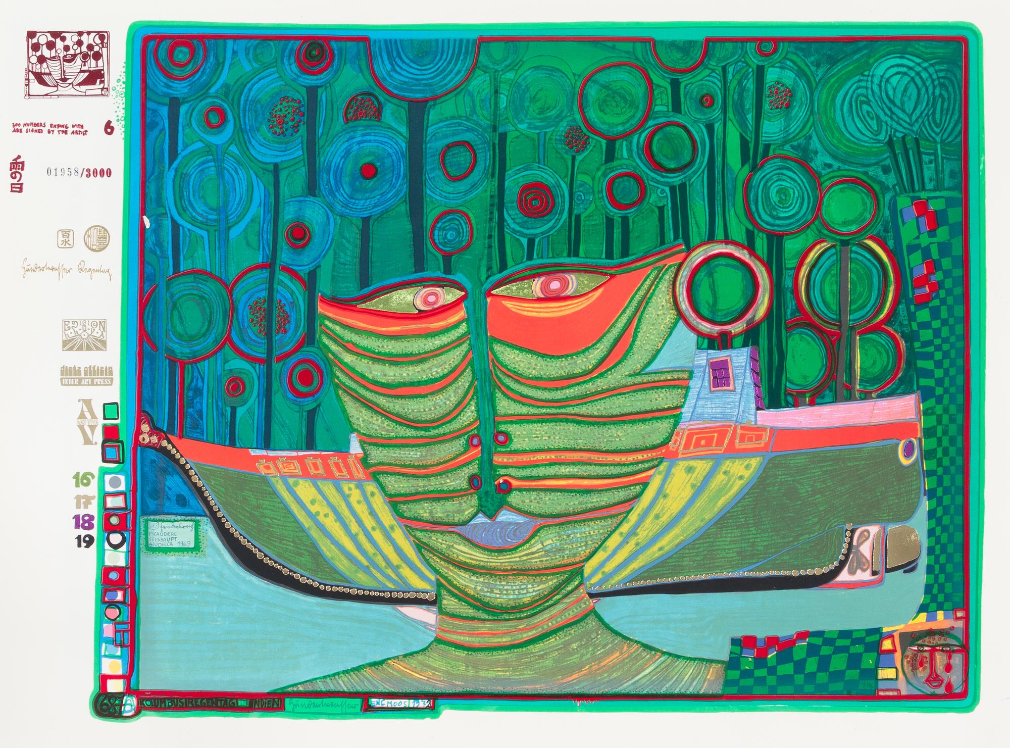Friedensreich Hundertwasser, (Austrian, 1928-2000), Look at it on a Rainy Day (Regentag Portfolio), 1971-72