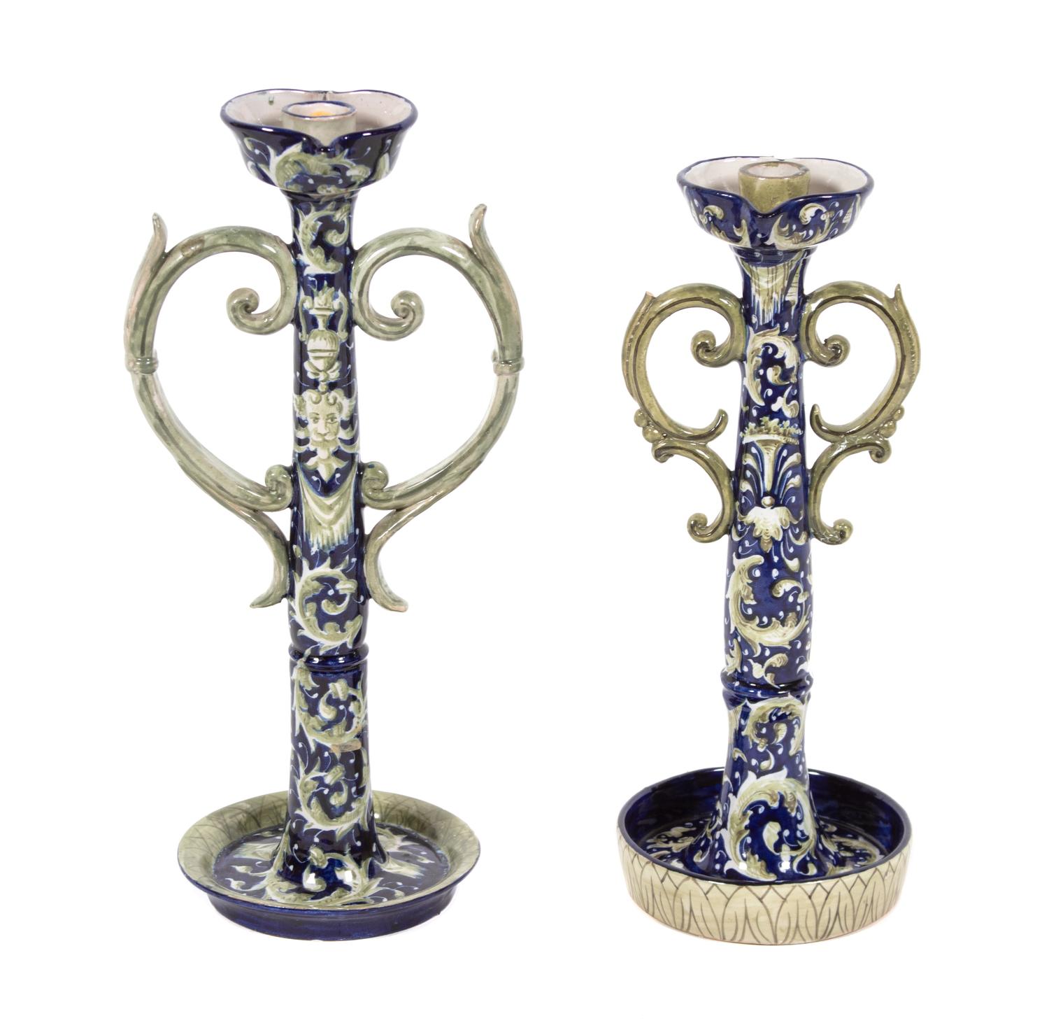 Two Italian Majolica Candlesticks — 19TH CENTURY