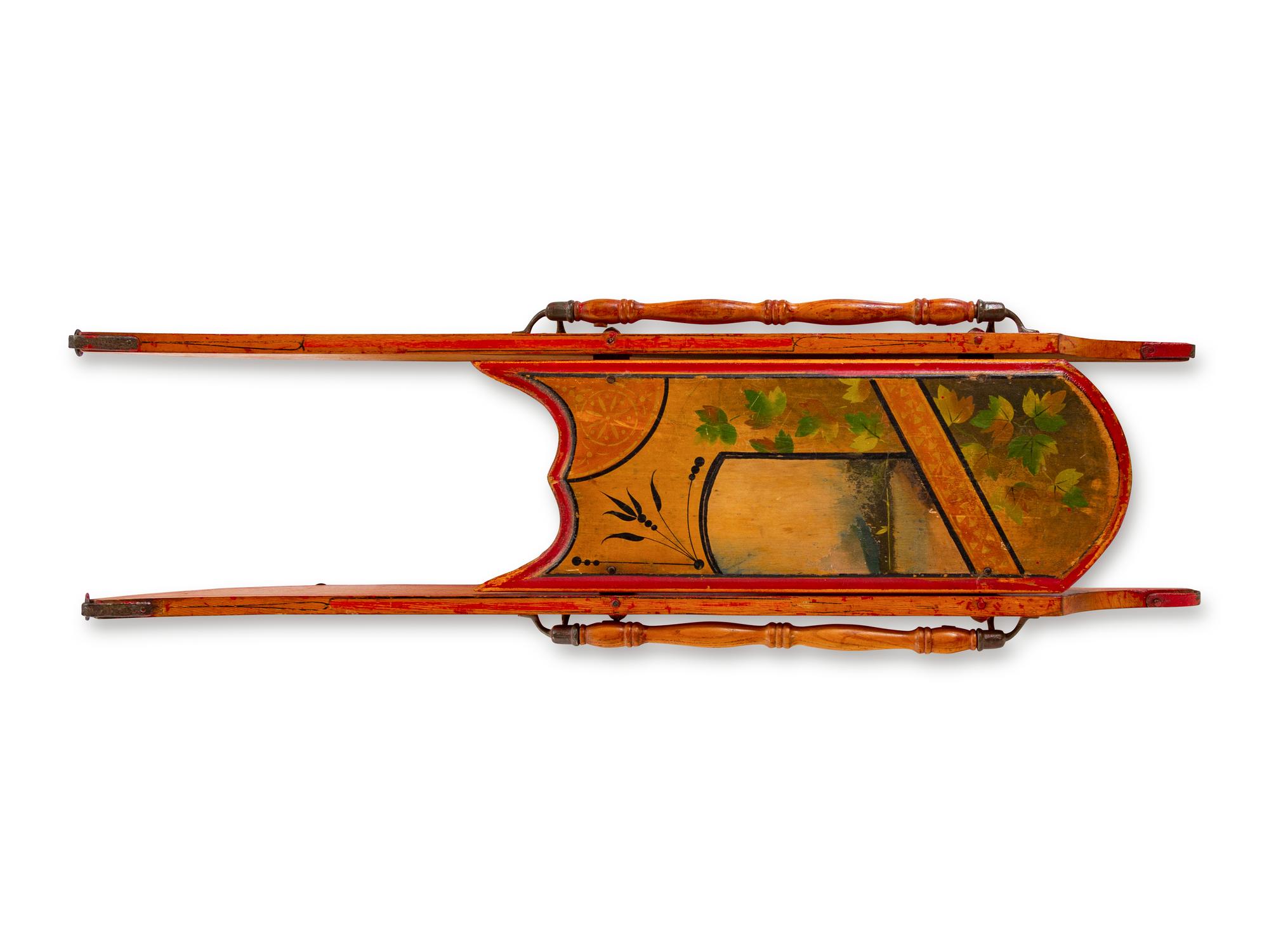 A Painted and Wrought-Iron Mounted Wood Sled