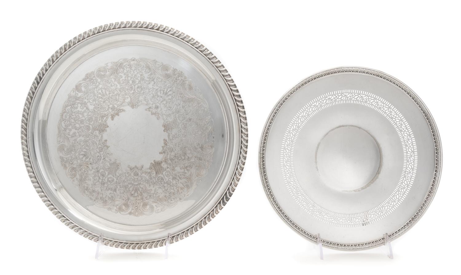 Two American Silver-Plate Serving Trays, 20th Century, one having pierced foliate decoration, the other with a gadrooned rim.