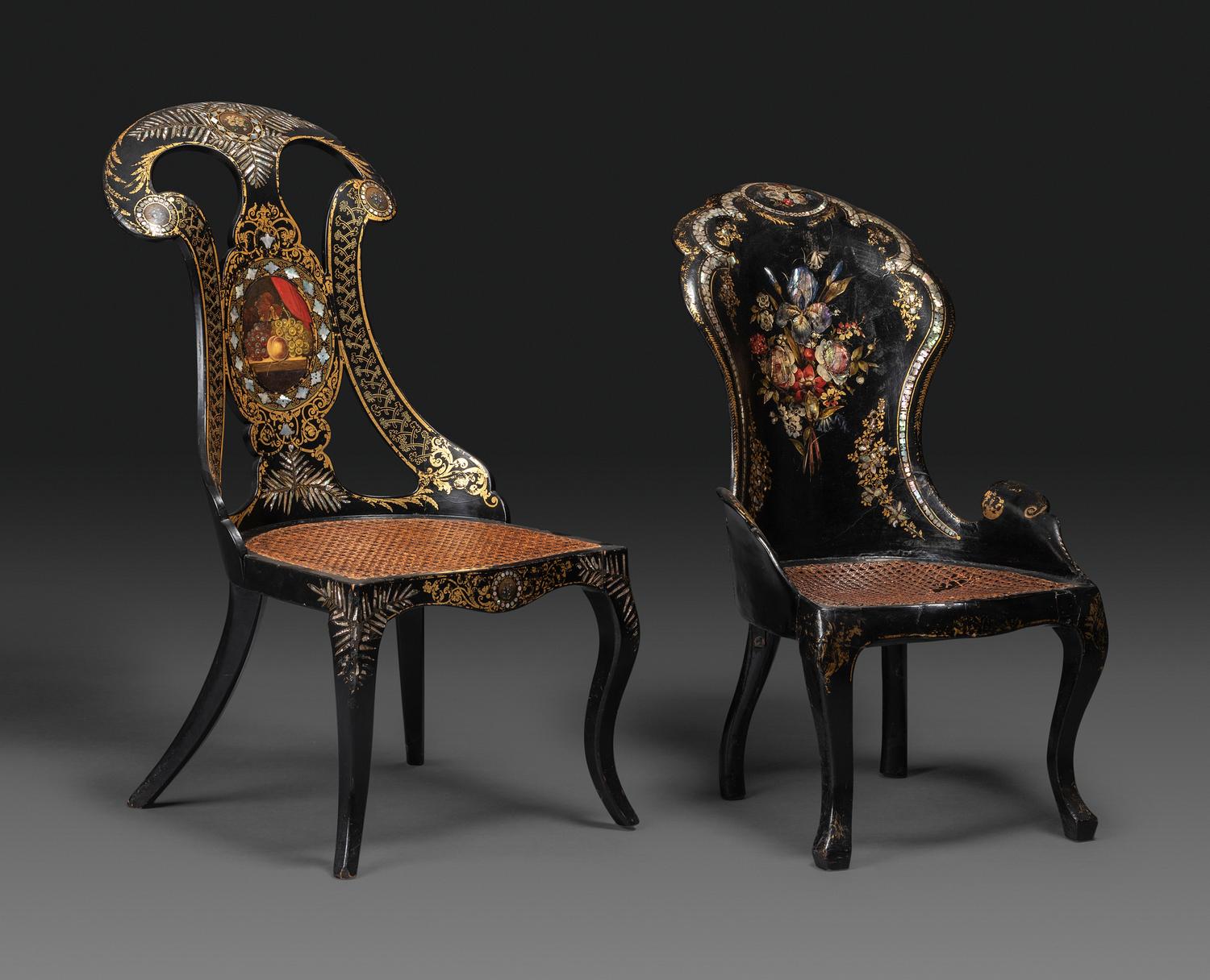 Two Victorian Black Lacquered Parcel-Gilt and Mother-of-Pearl Inlaid Cane Upholstered Slipper Chairs