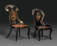 Two Victorian Black Lacquered Parcel-Gilt and Mother-of-Pearl Inlaid Cane Upholstered Slipper Chairs