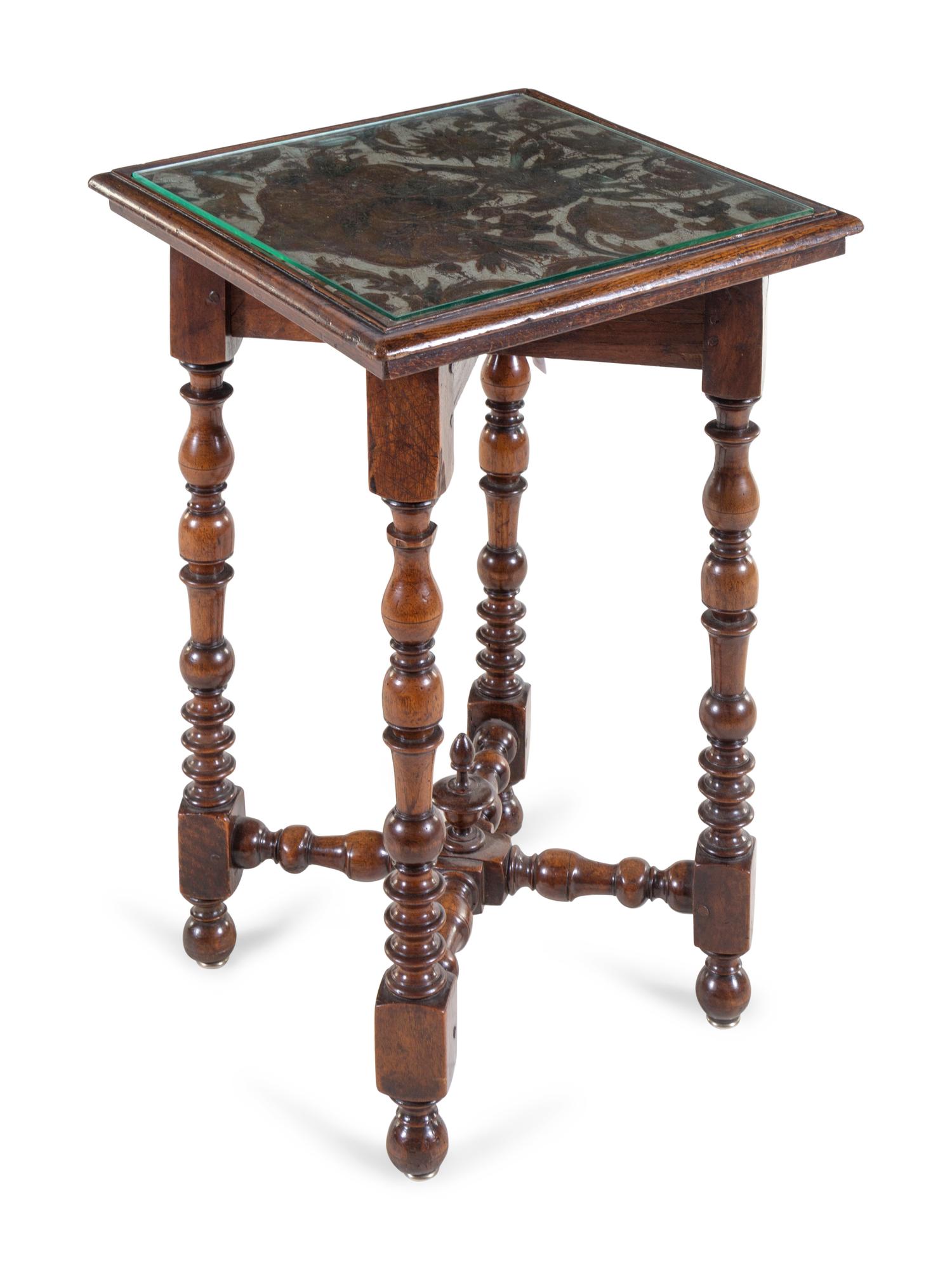 A Dutch Turned Walnut and Tooled Leather Mounted Stand