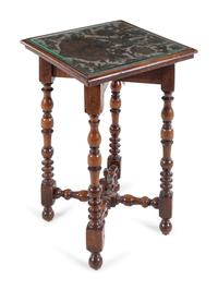 A Dutch Turned Walnut and Tooled Leather Mounted Stand