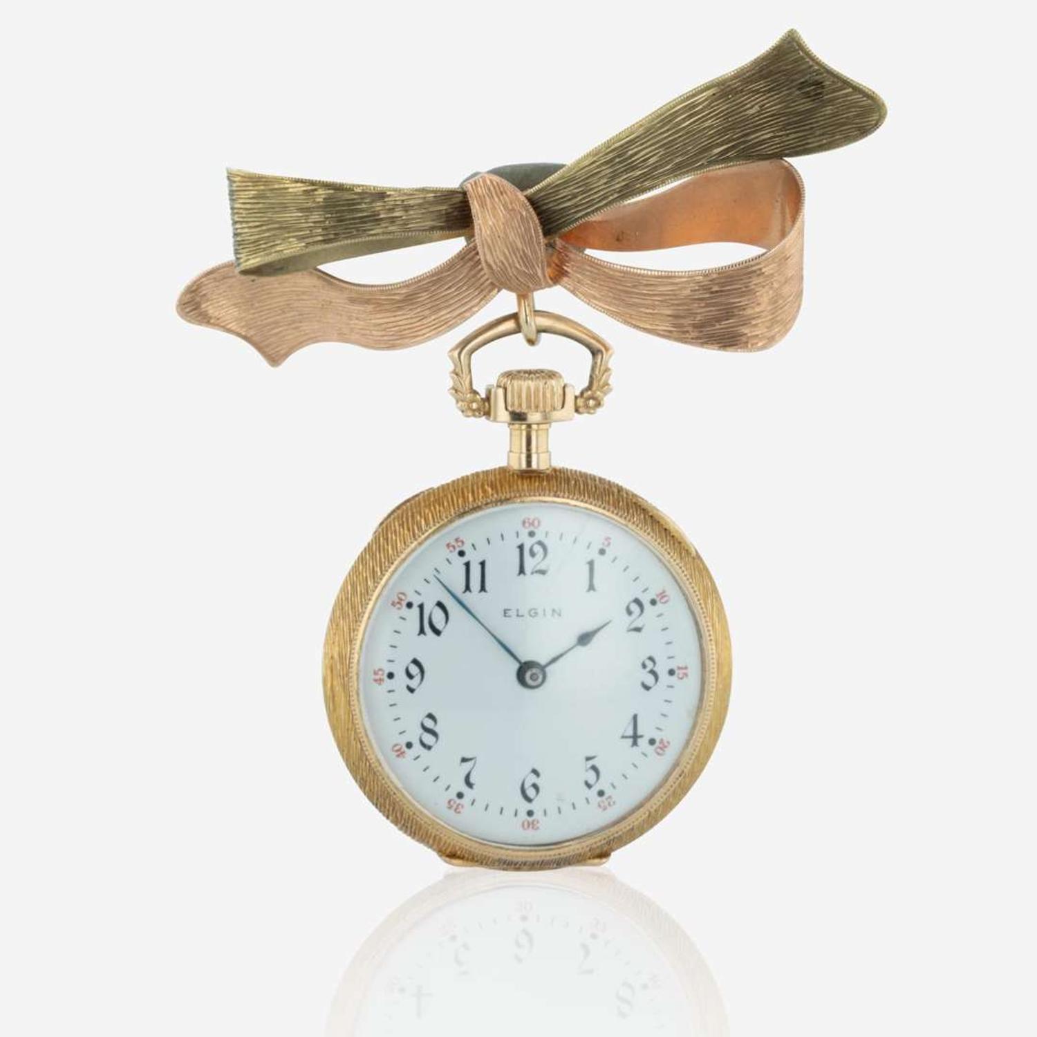 An Open Face Ladies Elgin Pocket Watch with Bow Pin C.1913